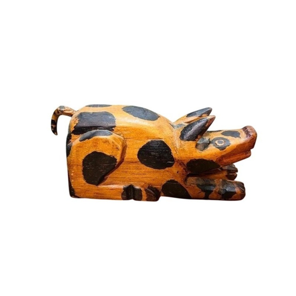 Folk Art Wood Pig Hand Carved Primitive Black Spotted Figurine Large
